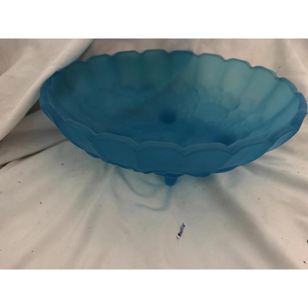 Vintage Indiana Glass Blue Satin Frosted Oval Glass Fruit Bowl 8"x12"